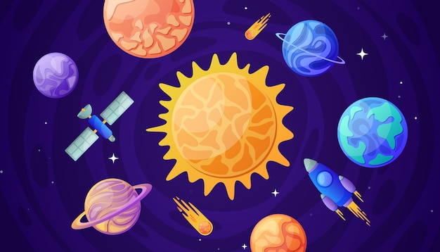 Hand drawn cartoon planets composition