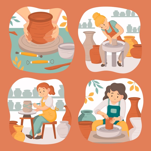 Vector hand drawn cartoon pottery mini compositions set