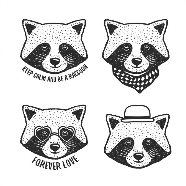 Vector hand drawn cartoon raccoon head prints set