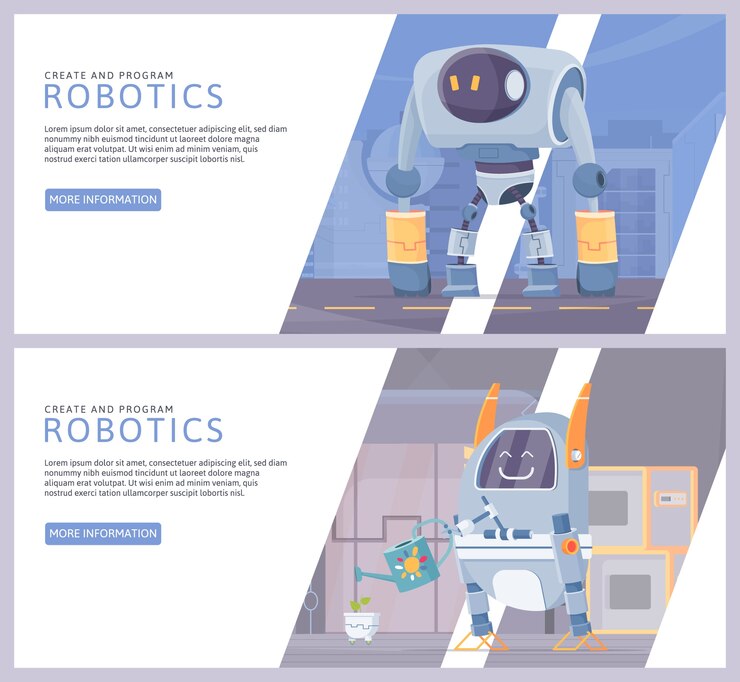 Vector hand drawn cartoon robot banner set