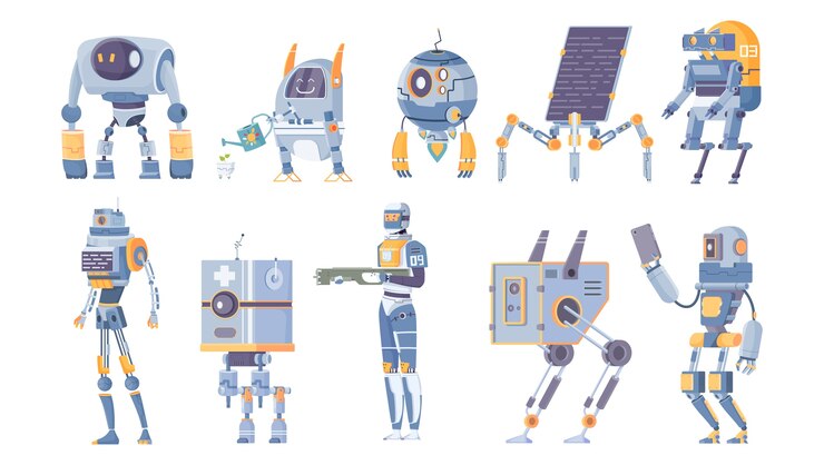 Vector hand drawn cartoon robot set