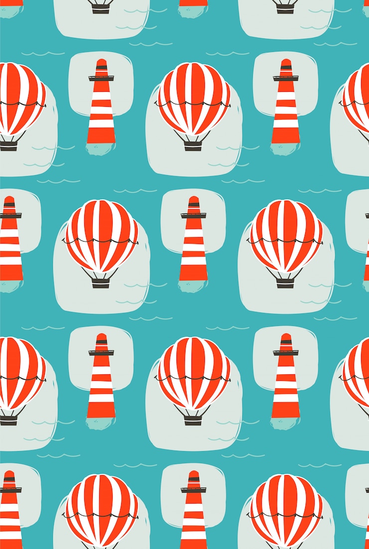 Vector hand drawn  cartoon seamless pattern with lighthouse,hot air balloon and sea waves  on blue background