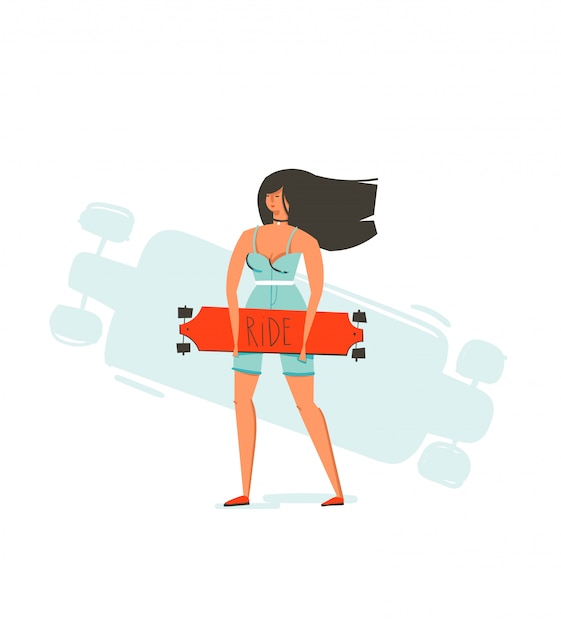 Vector hand drawn cartoon summer time fun illustration with young girl riding on long board isolated on white background