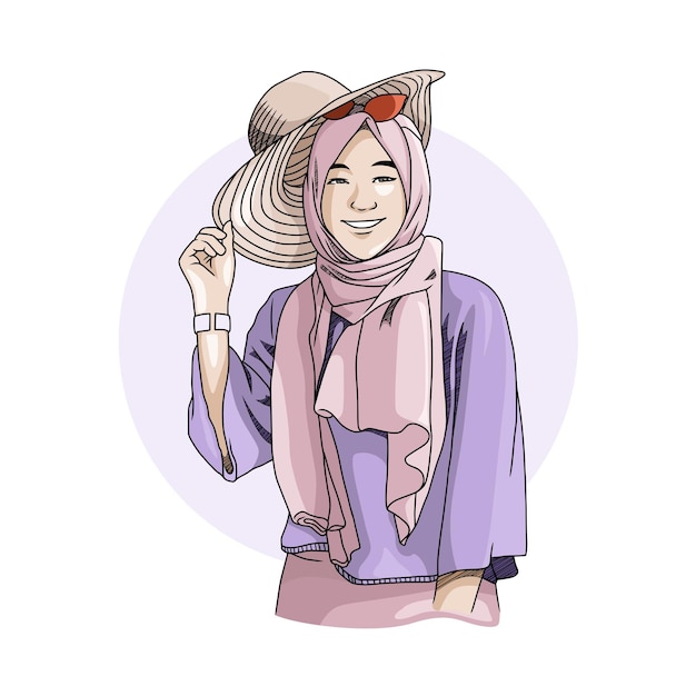 Vector hand drawn cartoon summer time illustration with a casual hijab girl in a straw hat