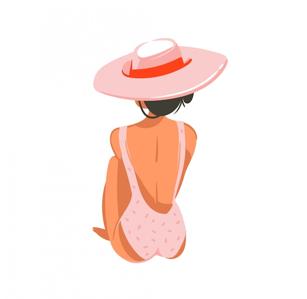 白地にピンクの帽子でリラックスした女の子と手描き漫画夏時間イラスト