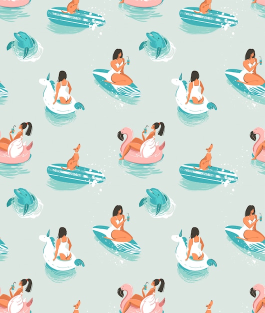 hand drawn  cartoon summer time seamless pattern with girls,pool floats,dog,dolphin an surfboard isolated on blue waves background