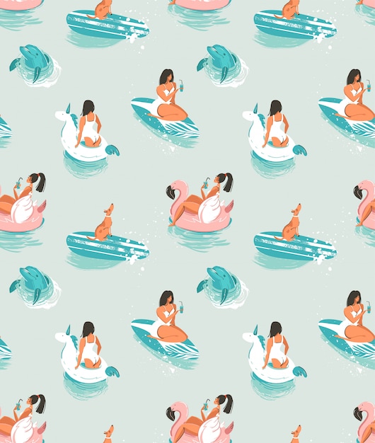 Hand drawn  cartoon summer time seamless pattern with girls,pool floats,dog,dolphin an surfboard isolated on blue waves background