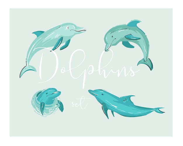 Hand drawn  cartoon tropical dolphins illustration set in blue colors .