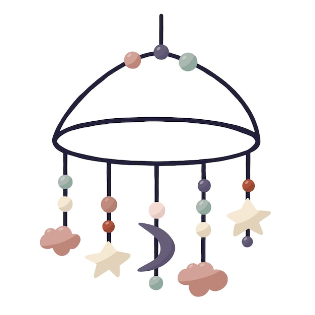 Hand drawn cartoon vector boho illustration of chandelier with moon and stars