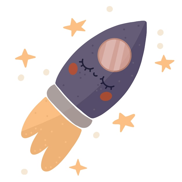 Hand drawn cartoon vector boho illustration of rocket with closed eye and stars