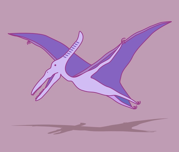 Hand drawn cartoon vector character illustration of a cute purple pterodactyl in flight.