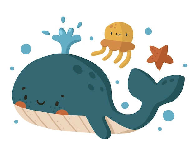 Hand drawn cartoon whale and a jellyfish are swimming in the water Save ocean