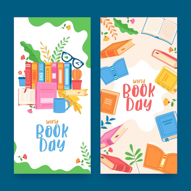 Vector hand drawn cartoon world book day banner set