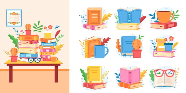 Vector hand drawn cartoon world book day icons and illustration set