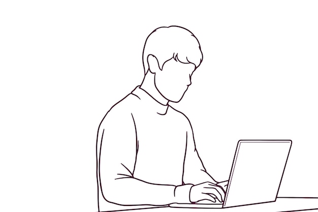 Vector hand drawn casual business man working on laptop illustration