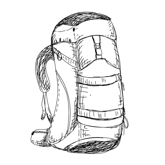 Zaino alla moda casual disegnato a mano illustrazione vettoriale isolata in stile incisione dello schizzo zaino turistico borsa da trekking