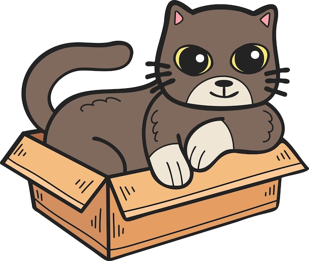 Hand drawn cat in box illustration in doodle style