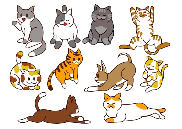 Illustrazione del set di personaggi dei cartoni animati del gatto disegnato a mano animale