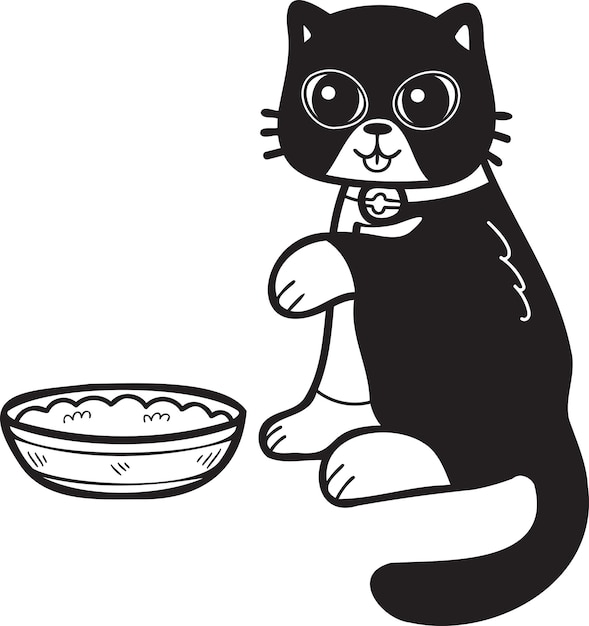 Hand Drawn cat eating food illustration in doodle style