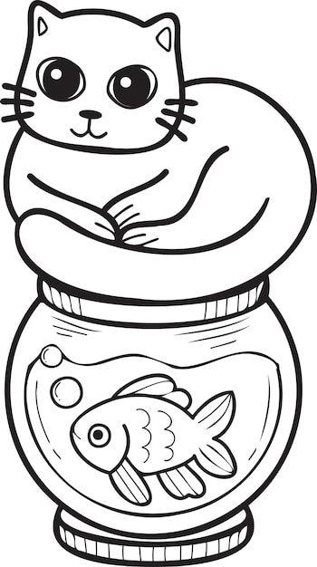 Hand drawn cat on fish bowl illustration in doodle style