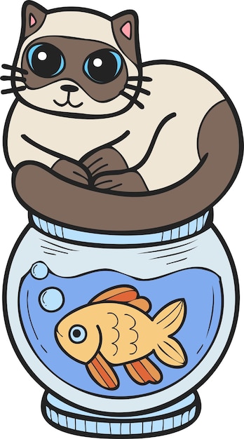 Hand Drawn cat on Fish Bowl illustration in doodle style