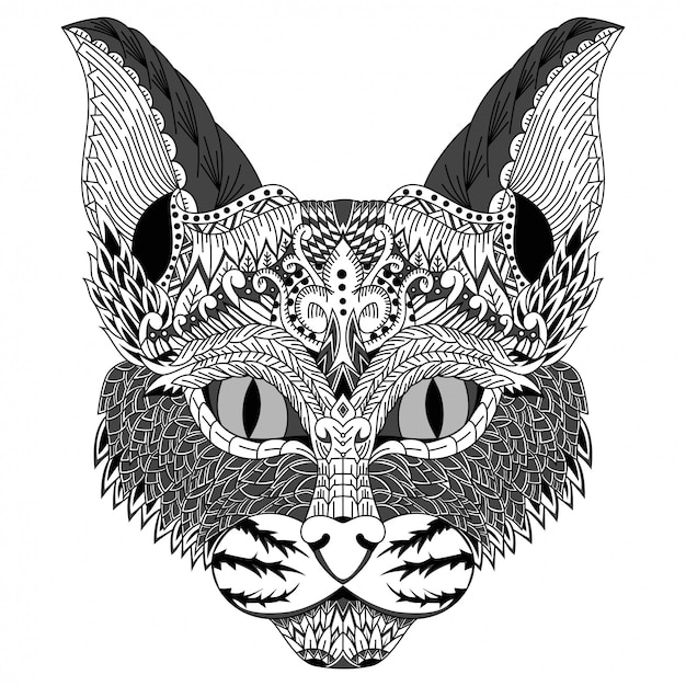 hand drawn of cat head in zentangle style