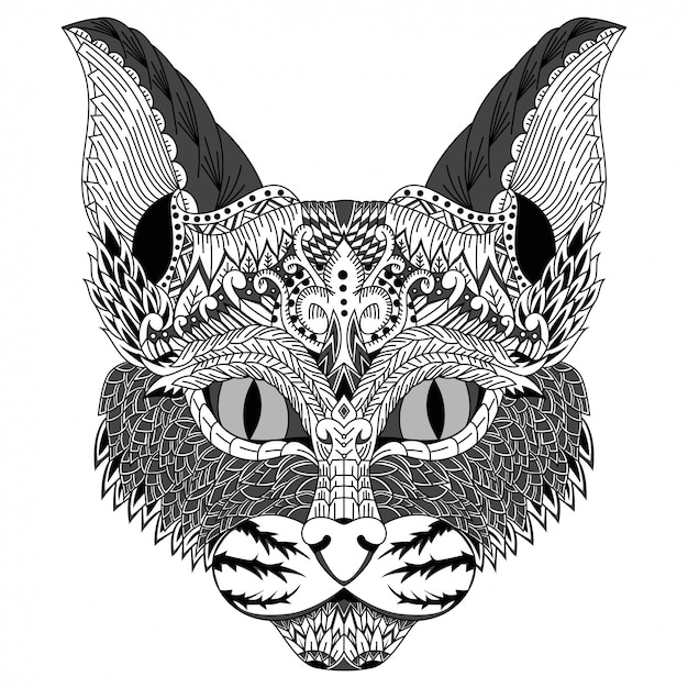 Hand drawn of cat head in zentangle style