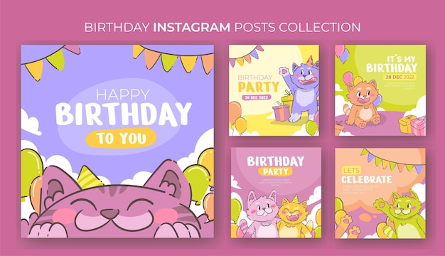 Vettore illustrazione di gatto disegnata a mano per il post di instagram di compleanno