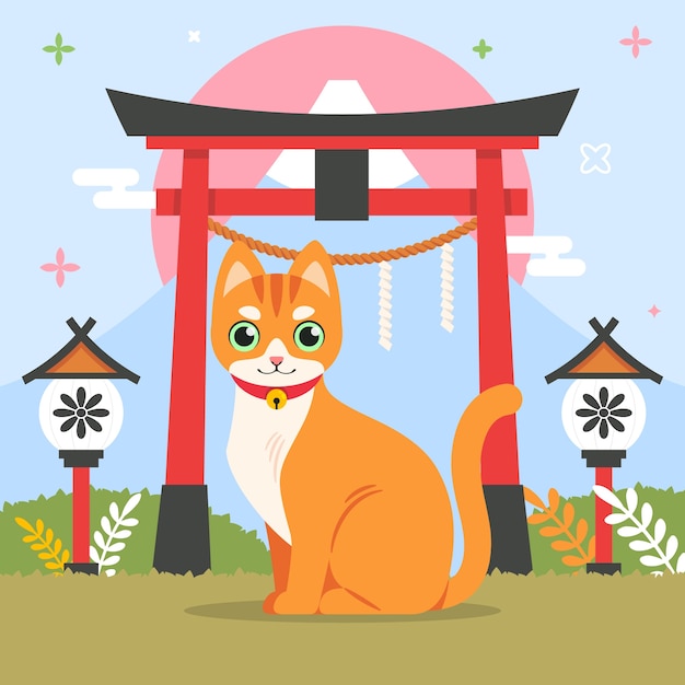 日本のイラストで手描きの猫