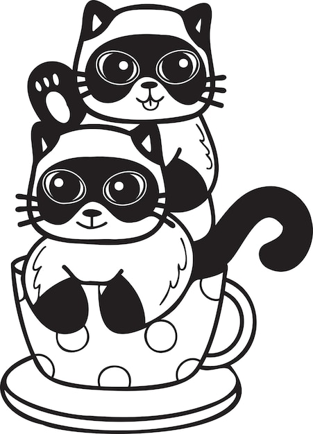 Ручной рисунок кота или котенка с иллюстрацией кофейной кружки в стиле каракулей
