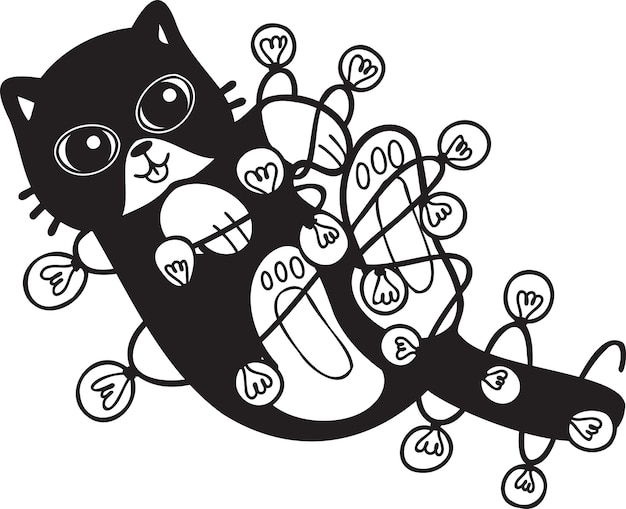 Вектор Ручной рисунок кота, играющего с иллюстрацией лампочки в стиле каракулей