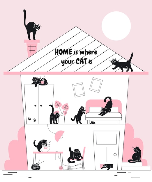 Vector hand drawn cat silhouette composition