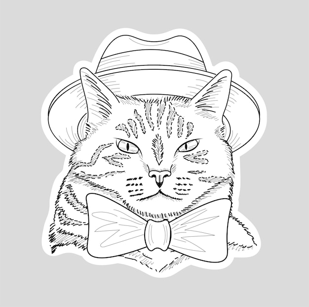 모자와 나비 넥타이를 착용하는 손으로 그린 고양이 스케치