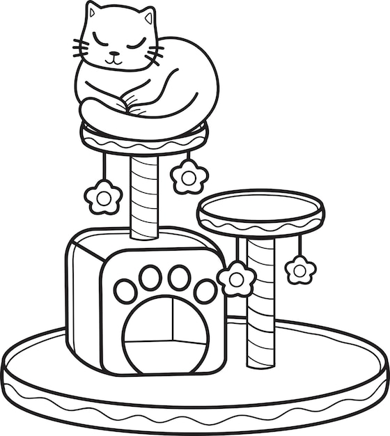 Hand Drawn cat with cat climbing pole illustration in doodle style