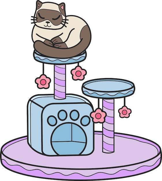 Hand Drawn cat with cat climbing pole illustration in doodle style