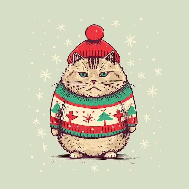 Vector hand drawn cat with christmas new year