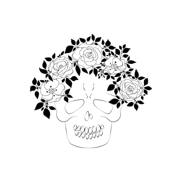 Hand drawn Catrina skull with wreath of doodle rose and anemone flowers with leaves on stems