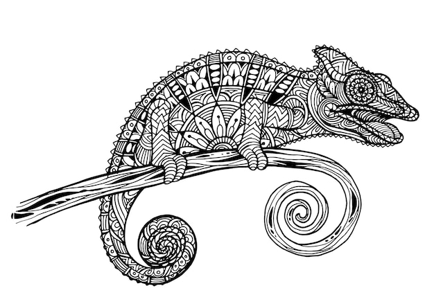 Vector hand-drawn chameleon in doodle style for tattoo or print