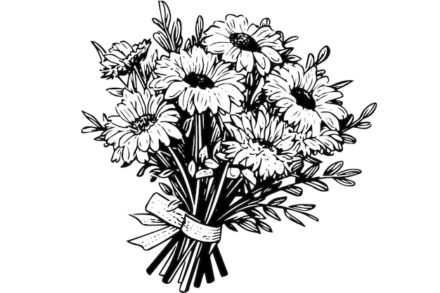 Vector hand drawn chamomile ink sketch daisy bouquet engraving vector illustration