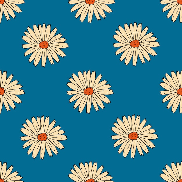 Vector hand drawn chamomile seamless pattern in retro style