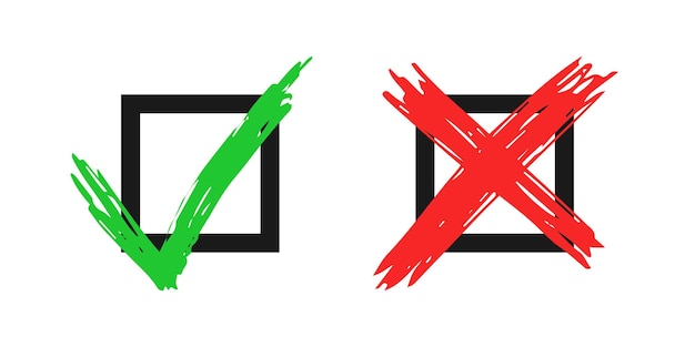 手描きのチェックと白い背景で隔離の十字記号要素グランジ落書き緑のチェックマークokと黒の正方形のアイコンの赤のxベクトル図