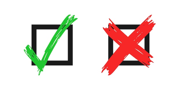 Elementi di controllo e croce disegnati a mano isolati su sfondo bianco. segno di spunta verde di doodle di lerciume ok e x rossa nelle icone quadrate nere. illustrazione vettoriale