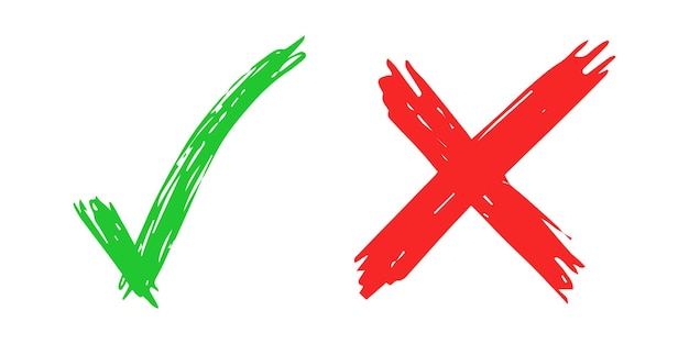 Elementi di segno di spunta e croce disegnati a mano isolati su priorità bassa bianca. segno di spunta verde di scarabocchio di lerciume ok e icone x rossa. illustrazione vettoriale