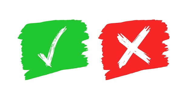 Нарисованные вручную элементы чека и перекрестного знака изолированы на белом фоне Гранж-каракули зеленая галочка OK и красный X на иконках пятен Векторная иллюстрация