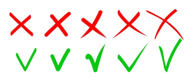 Hand drawn checkmark cross  check mark. Marker pen check marks answers in test, confirmation