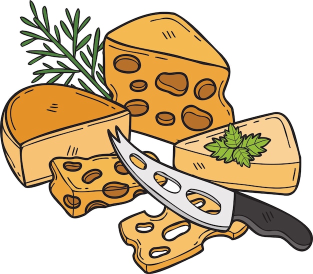 Hand Drawn Cheese and cheese knife illustration in doodle style