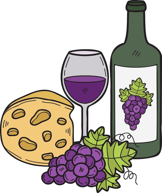 Hand Drawn Cheese and grape wine illustration in doodle style