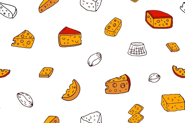 Vector hand drawn cheese pattern seamless colored pieces cheese isolated on a white background doodle style