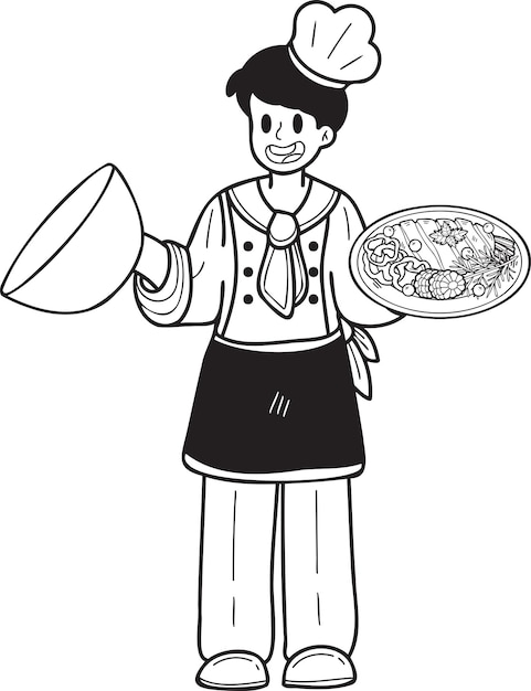 Hand drawn chef holding food illustration in doodle style