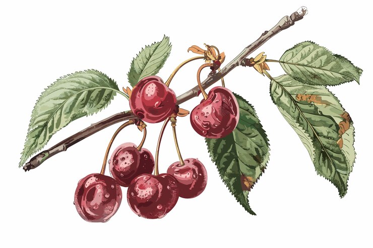 Vector hand drawn cherry branch with red berries and leaves isolated on white vector illustration in color